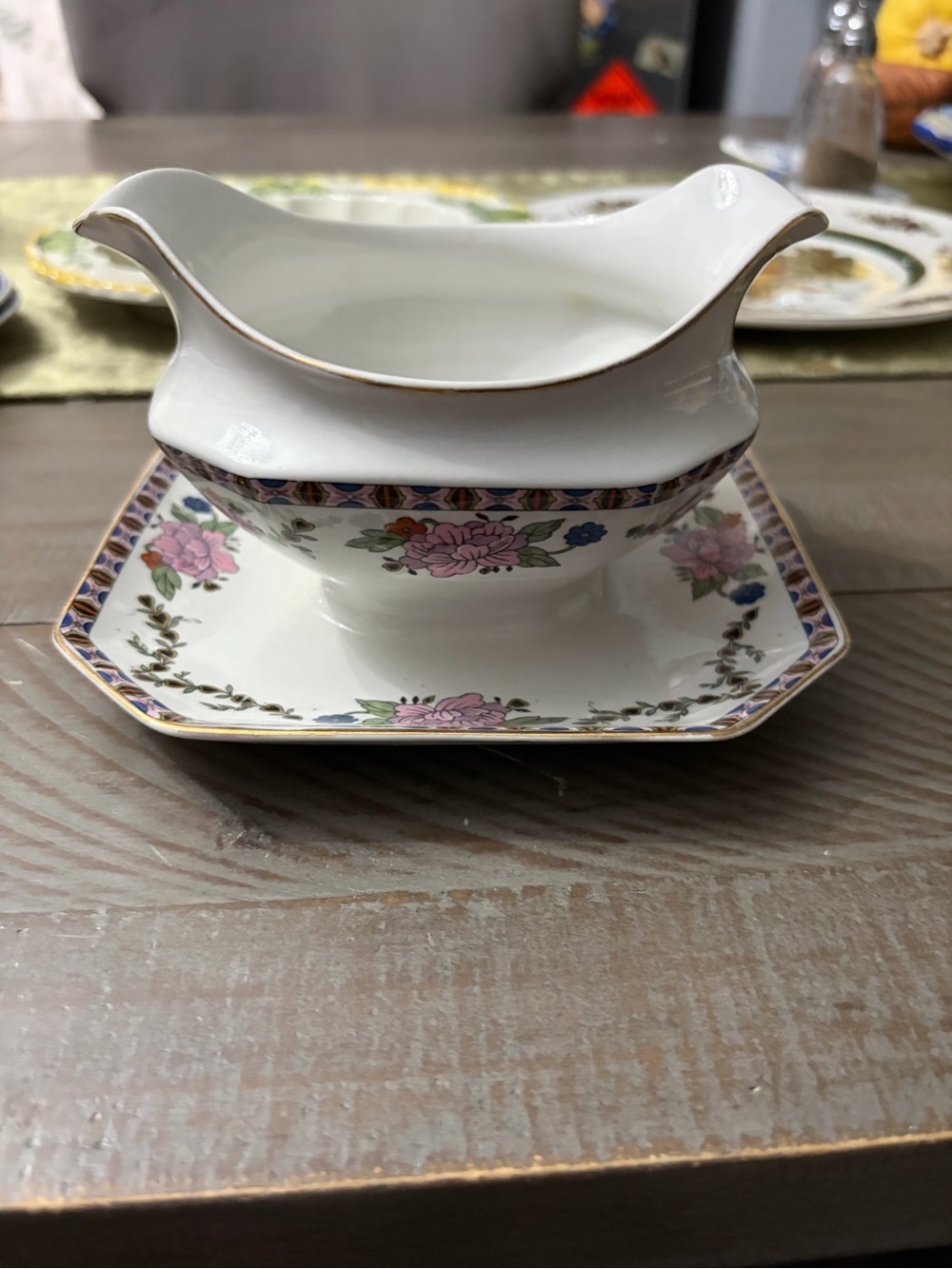 Vintage J&G Meakin  Floral Gravy Boat with Attached Underplate -small chip